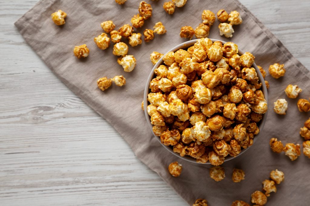 Homemade Caramel Popcorn in a Bowl, top view.