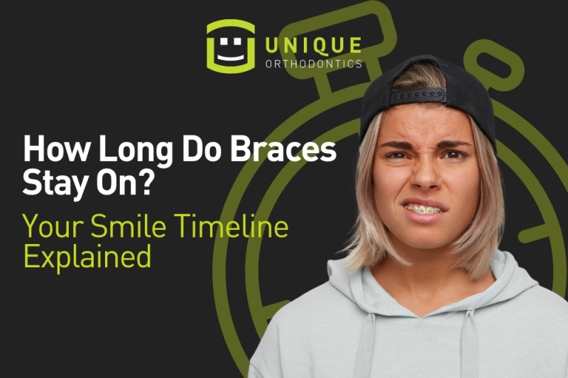 Person wearing braces with concerned expression next to text “How Long Do Braces Stay On? Your Smile Timeline Explained”