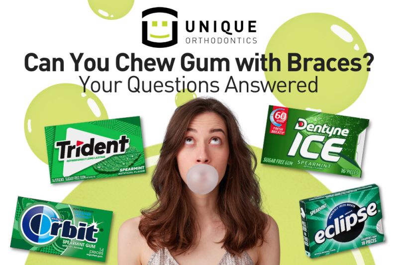 Woman blowing a bubble of gum surrounded by Trident, Dentyne ICE, Orbit, and Eclipse sugar-free gum below the title "Can You Chew Gum with Braces? Your Questions Answered"