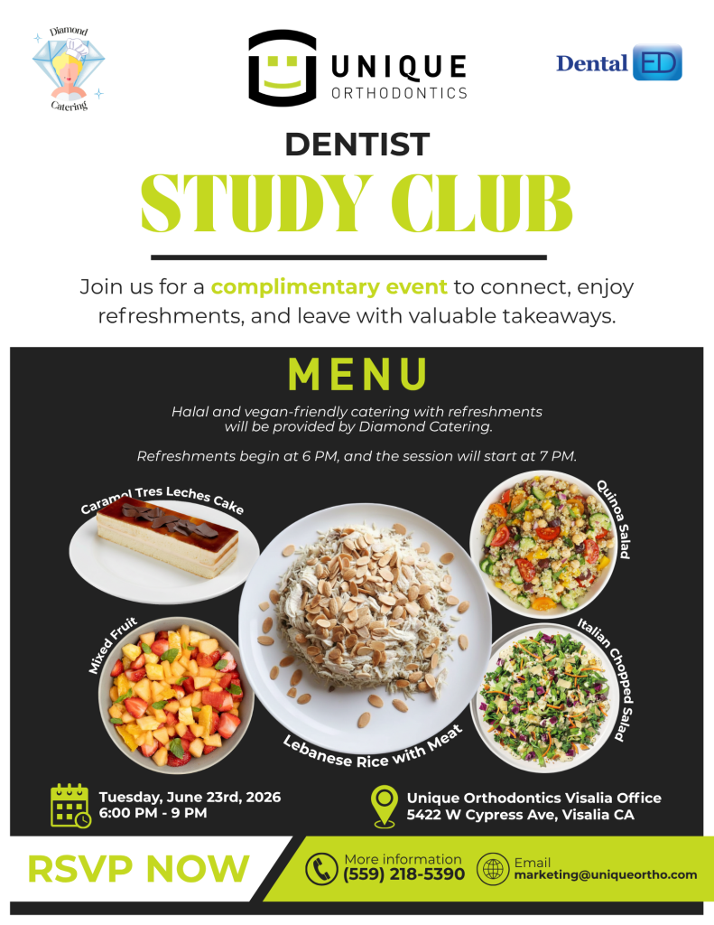 Dentist Study Club hosted by Unique Orthodontics on June 23rd, 2026 from 6-9 pm at Unique Orthodontics Visalia Office. Dental Trauma and Orthodontic Interactions by Prof. Geoffrey Heithersay. Halal and vegan-friendly catering with refreshments will be provided by Diamond Catering. Refreshments begin at 6 PM, and the session will start at 7 PM.