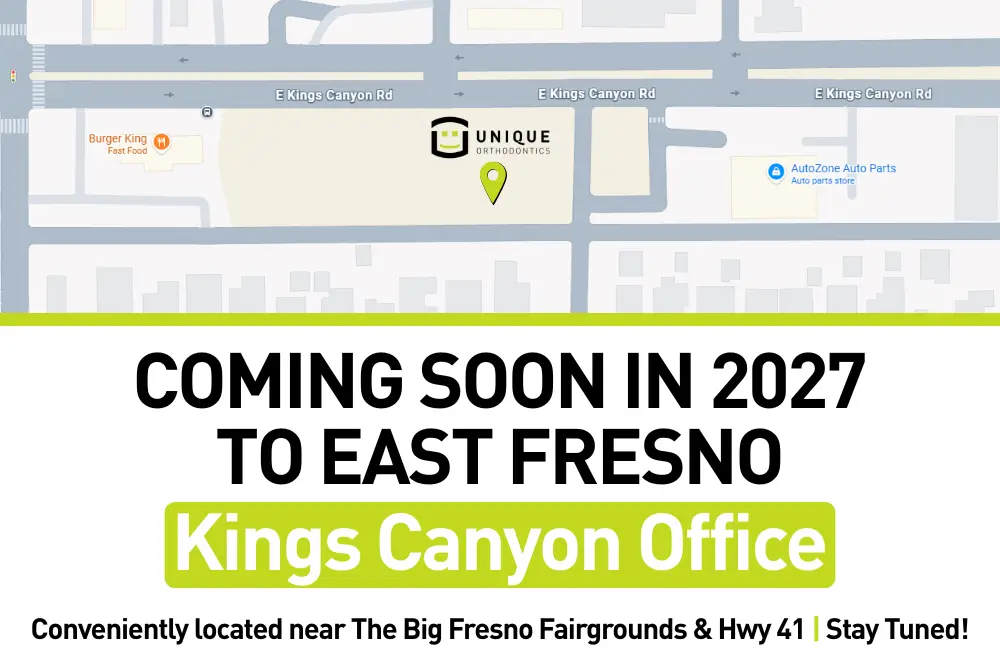 Unique Orthodontics is opening its 9th location on E Kings Canyon Road in Fresno, California, expected to open in February 2027. A Google Maps screenshot shows the future office location marked with a green pin between Burger King and AutoZone near Backer Avenue.