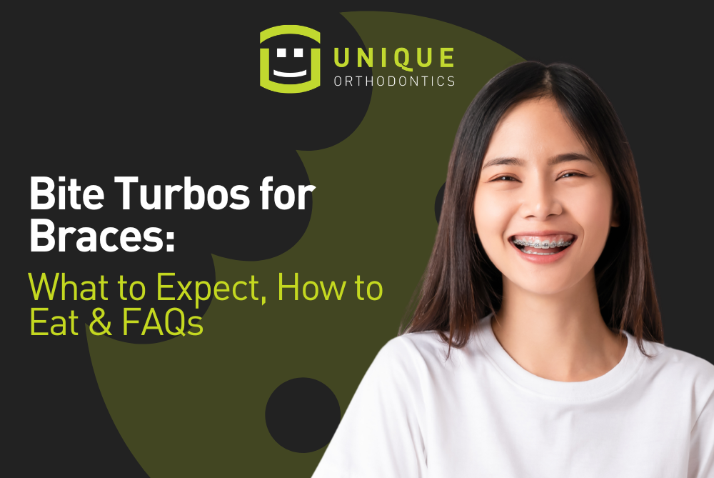 Unique Orthodontics Blog Banner for Bite Turbos for Braces: What to Expect, How to Eat & FAQs with a girl smiling with her braces and a bitten cookie in the background