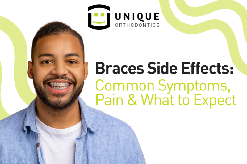 Unique Orthodontics banner featuring a smiling man wearing braces with the headline “Braces Side Effects: Common Symptoms, Pain & What to Expect.”