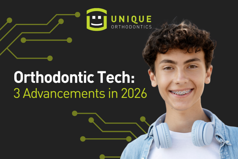 Unique Orthodontics banner featuring a smiling teen wearing braces and headphones beside the text, “Orthodontic Tech: 3 Advancements in 2026,” on a dark background with digital circuit-style graphics.