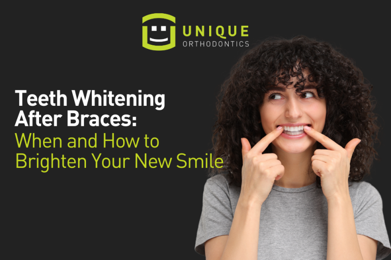 Woman smiling while putting a whitening strip on her teeth next to the title, "Teeth Whitening After Braces: When and How to Brighten Your New Smile" by Unique Orthodontics