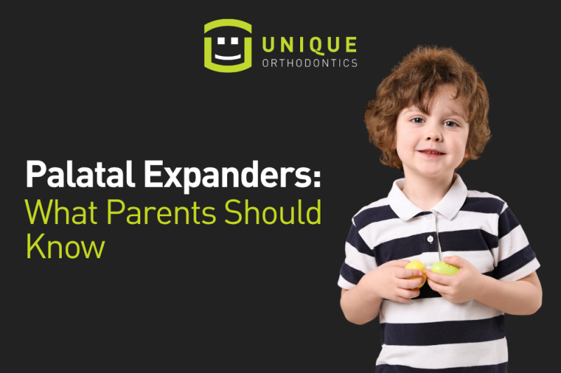 Young Boy Smiling Next to the Title " Palatal Expanders: What Parents Should Know" by Unique Orthodontics