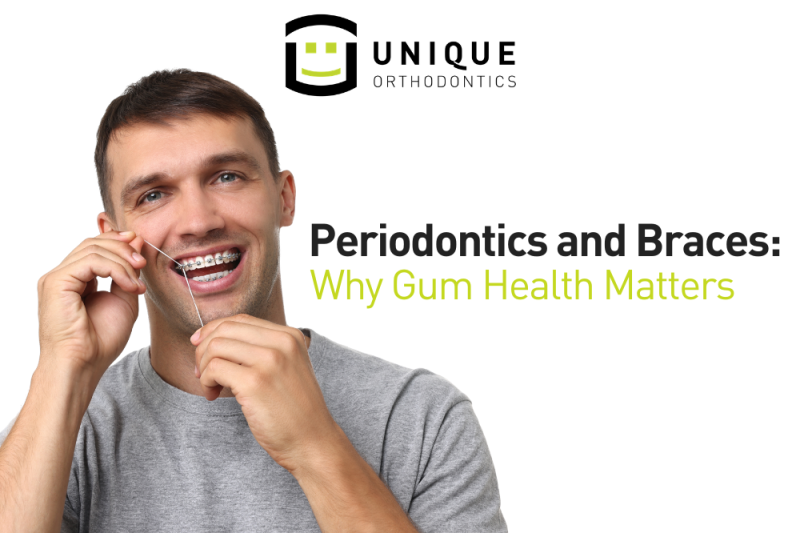 Man smiling while flossing his teeth with braces next to title, "Periodontics and Braces: Why Gum Health Matters" by Unique Orthodontics